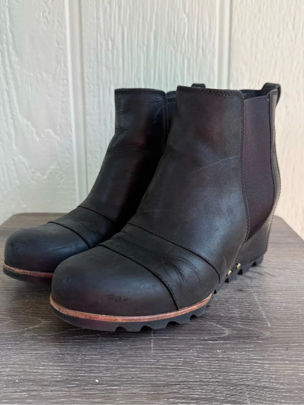 Sorel Black Leather Lea Wedge Ankle Booties